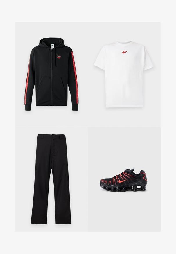 Mustakas Nike'i tõmblukkidega kapuutsiga huppar, millel on nööriga kapuuts, eestaskud ja punased triibud koos valgete Nike'i logodega varrukatel.; Valge lühikeste varrukatega T-särk, millel on ees kaeluse lähedal keskel väike punane naerunäo logo.; Mustad sirge säärega püksid nööpide ja tõmblukuga, vööaugud, esitatud lamades heledal taustal.; Mustad spordijalatsid punaste detailidega, millel on tekstureeritud võrgust pealiskate, unikaalse lainelise disaini ja vormitud pehmendusega põhi.