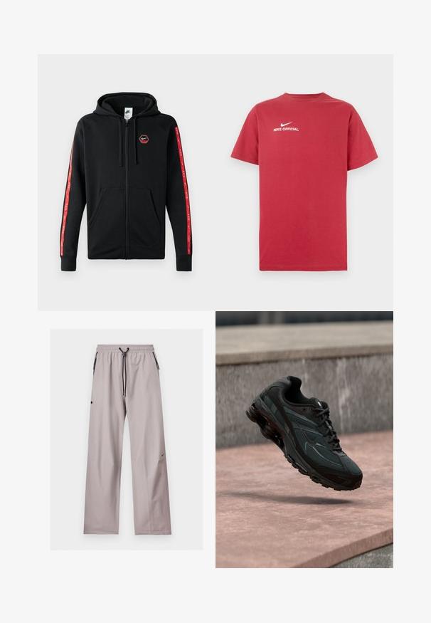 Schwarze Nike Zip-Hoodie mit Kordelzugkapuze, Fronttaschen und roten Streifen mit weißen Nike-Logos entlang der Ärmel.; Rotes Baumwoll-T-Shirt mit Rundhalsausschnitt, versehen mit einem weißen Nike-Logo und dem Text "NIKE OFFICIAL" mittig auf der Brust. Kurze Ärmel.; Hellgraue locker sitzende Hose mit elastischem Bund, schwarzer verstellbarer Kordel und seitlichen Taschen mit schwarzen Reißverschlussdetails.; Schwarzer athletischer Sneaker mit sichtbarer Air-Cushioning-Zwischensohle, der über einer rosa Steinoberfläche mit grauer Steinmauer im Hintergrund schwebt.