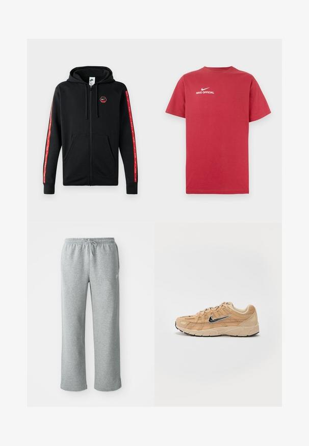 Sudadera con cremallera negra de Nike, con capucha ajustable, bolsillos frontales y rayas rojas con logotipos blancos de Nike a lo largo de las mangas.; Camiseta roja de algodón con cuello redondo, con un logo blanco de Nike y el texto "NIKE OFFICIAL" centrado en el pecho. Manga corta.; Pantalones de chándal de algodón grises con cinturilla elástica, cierre de cordón y piernas rectas. Presentan un pequeño logo en la parte superior izquierda.; Zapatilla deportiva beige con materiales de malla y ante, silueta curva, suela negra, prominente logo plateado de Nike en el lateral y acentos texturizados.