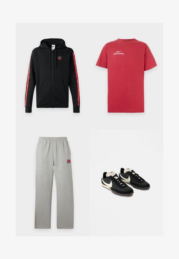 Čierna mikina Nike so zipsom a s kapucňou na šnúrku, predné vrecká a červené pruhy s bielymi logami Nike pozdĺž rukávov.; Červené bavlnené tričko s okrúhlym výstrihom, zdobené bielym logom Nike a textom „NIKE OFFICIAL“ umiestneným v strede na hrudi. Krátke rukávy.; Sivé teplákové nohavice s elastickým pásom, rovný strih a malá červeno-biela nášivka s logom Nike na ľavej strane. Mäkká textúra.; Čierne športové topánky s textúrovaným zvrškom, bielym logom Swoosh a gumovou podrážkou s malými hrotmi pre lepšiu trakciu. Krémový golier.