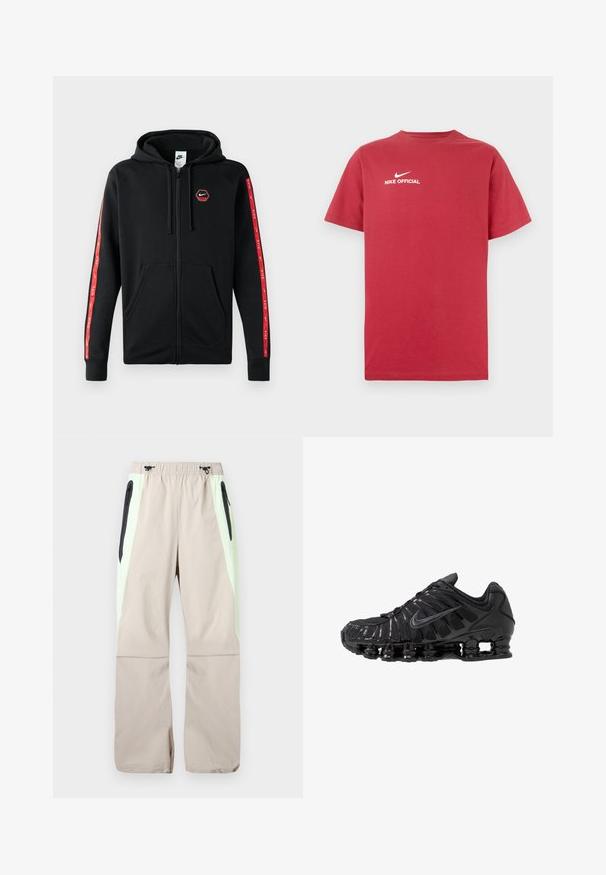 Mustakas Nike'i tõmblukkidega kapuutsiga huppar, millel on nööriga kapuuts, eestaskud ja punased triibud koos valgete Nike'i logodega varrukatel.; Punane puuvillane t-särk ümar kaelusega, millel on valge Nike logo ja rindkere keskel tekst "NIKE OFFICIAL". Lühikesed varrukad.; Beežid püksid helesiniste küljetega, mustad rebitavate reide taskutega ja elastse vöökohaga, millel on mustad nöörid.; Mustad võrgu- ja sünteetilisest materjalist sportlikud jalanõud, millel on eriline laineline disain, must kummist talla ja peegeldavad lisandid.