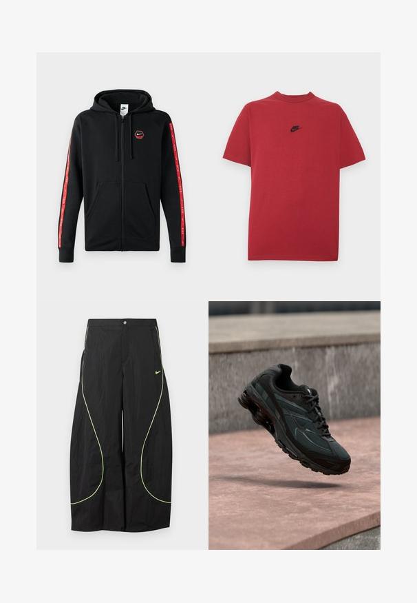 Zwarte Nike zip-up hoodie met trekkoordkap, voorzakken en rode strepen met witte Nike-logo's langs de mouwen.; Rood katoenen T-shirt met een zwart Nike-logo op de borst, korte mouwen, een ronde halslijn en een normale pasvorm. Gladde textuur.; Zwarte wijde Nike-broek met neon groene gebogen biezen en klein Nike-swoosh-logo op de rechterdij, knoop- en ritssluiting in de taille.; Zwarte atletische sneaker met zichtbare luchtgeveerde tussenzool die boven een roze stenen oppervlak zweeft met een grijze stenen muur op de achtergrond.
