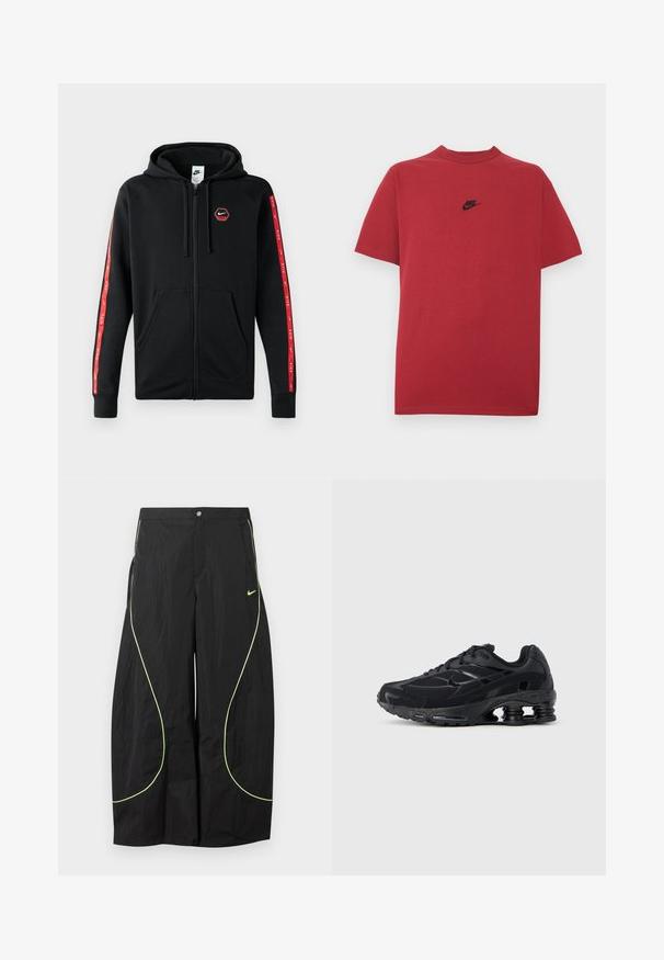 Sudadera con cremallera negra de Nike, con capucha ajustable, bolsillos frontales y rayas rojas con logotipos blancos de Nike a lo largo de las mangas.; Camiseta de algodón roja con un logo negro de Nike en el pecho, mangas cortas, cuello redondo y ajuste regular. Textura lisa.; Pantalones anchos negros de Nike con ribete curvado en verde neón y pequeño logo de swoosh de Nike en el muslo derecho, cierre de botón y cremallera en la cintura.; Zapatilla deportiva negra con parte superior de malla, cuello acolchado y tecnología de amortiguación prominente en el talón. Presenta detalles texturizados y cordones.