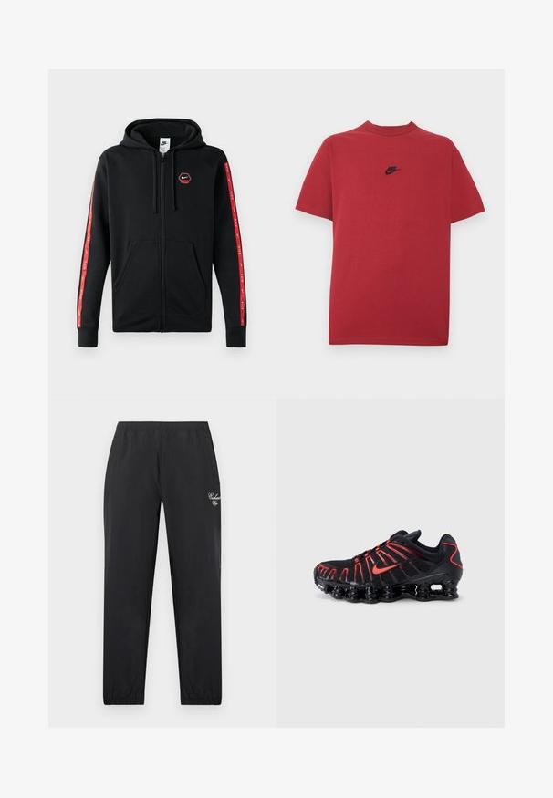 Sort Nike zip-up hoodie med snøre i hætten, frontlommer og røde striber med hvide Nike-logoer langs ærmerne.; Rød bomuld t-shirt med et sort Nike-logo på brystet, korte ærmer, rund halsudskæring og almindelig pasform. Glat tekstur.; Sorte tapered træningsbukser med elastisk taljebånd og manchetter, sidelommer og hvid skriftlig branding på højre lår.; Sorte atletiksko med røde detaljer, der har en struktureret mesh-overdel, et unikt bølget design og en formstøbt polstret sål.