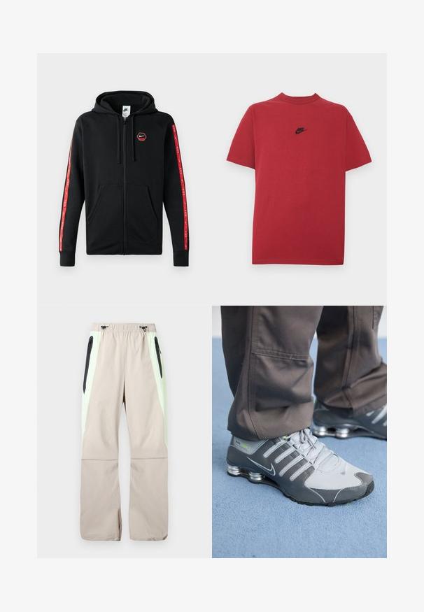 Čierna mikina Nike so zipsom a s kapucňou na šnúrku, predné vrecká a červené pruhy s bielymi logami Nike pozdĺž rukávov.; Červené bavlnené tričko s čiernym logom Nike na hrudi, krátkymi rukávmi, okrúhlym výstrihom a pravidelným strihom. Hladká textúra.; Béžové nohavice so svetlozelenými bočnými panelmi, čiernymi zipsovými vreckami na stehnách a elastickým pásom s čiernymi šnúrkami.; Šedé a strieborné tenisky Nike Shox majú elegantný dizajn, kombináciu sieťoviny a syntetických materiálov, zaoblenú špičku a polstrovaný golier.