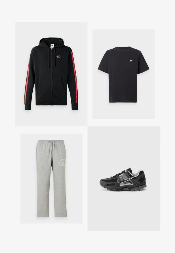 Sudadera con cremallera negra de Nike, con capucha ajustable, bolsillos frontales y rayas rojas con logotipos blancos de Nike a lo largo de las mangas.; Camiseta negra de manga corta Nike Air con cuello redondo y pequeño logo blanco en el pecho izquierdo.; Pantalones deportivos grises con cintura elástica y cordón, con pequeño logo circular blanco en la parte superior del muslo izquierdo.; Zapatilla deportiva negra con paneles de malla y detalles sintéticos. Presenta una punta redondeada, suela gruesa acolchada y detalles de logo en blanco que contrastan.