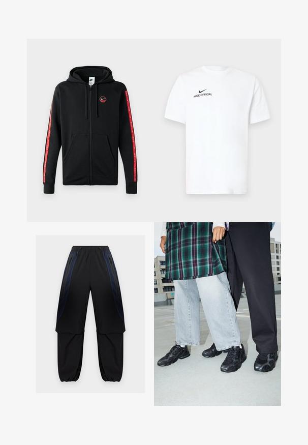Schwarze Nike Zip-Hoodie mit Kordelzugkapuze, Fronttaschen und roten Streifen mit weißen Nike-Logos entlang der Ärmel.; Weißes Baumwoll-T-Shirt mit kurzen Ärmeln. Es zeigt ein schwarzes "Nike Official"-Logo und einen schwarzen Swoosh auf der linken Brustseite.; Schwarze und dunkelblaue Cargo-Hosen mit elastischem Bund und Bündchen, ausgestattet mit seitlichen Reißverschlusstaschen und überlappenden Stoffpaneelen an den Oberschenkeln.; Schwarze Sportschuhe mit Mesh- und Gummielementen. Kombiniert mit hellgrauen weiten Jeans und einem karierten grünen Oberteil. Flacher Hintergrund.
