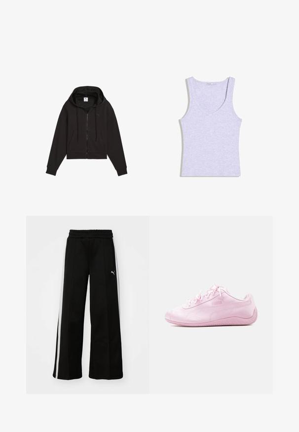 Sort cropped hoodie med lynlås foran, snorhætte og frontlomme. Fremstillet af tekstureret stof med en diskret logodetalje.; Lysegrå ribstrikket ærmeløs tanktop med V-udskæring, lagt fladt med forsiden og Bershka-mærket vist.; Sorte bukser med vide ben, elastisk talje, lodrette hvide striber, sidelivlommer og et lille logo på låret.; Lavprofils, lyserød Puma-sneaker med snørelukning og tekstureret sål, vist fra siden på en ensfarvet baggrund.