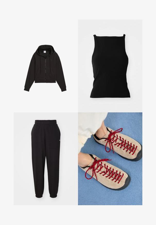 Sort cropped hoodie med lynlås foran, snorhætte og frontlomme. Fremstillet af tekstureret stof med en diskret logodetalje.; Sort ribbet tanktop med en tætsiddende silhuet, som har brede stropper og en cropped kant. Glat tekstur, enkelt design, ingen mønstre eller accenter.; Sorte sweatpants lavet af blødt stof, med en ribbet talje og mansjetter ved anklerne. Indeholder en lille logoaccent på siden.; Beige sko med røde snørebånd, placeret på en blå tekstureret overflade, delvist synliggørende en persons ankel. Skoene har et sporty design.