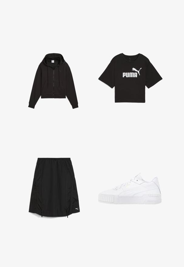 Schwarzer, cropped Hoodie mit einem Reißverschluss vorne, Kordelzugkapuze und Fronttasche. Hergestellt aus strukturiertem Stoff mit subtilen Logodetails.; Schwarzes, kurz geschnittenes T-Shirt mit kurzen Ärmeln, das ein weißes Puma-Logo und ein springendes Katzenemblem mittig auf der Vorderseite zeigt.; Schwarzer Sportrock aus leichtem, strukturiertem Stoff. Verfügt über einen elastischen Bund und seitliche Kordeln, mit einem weißen Logoakzent.; Puma CALI SPORT - Sneaker low - white