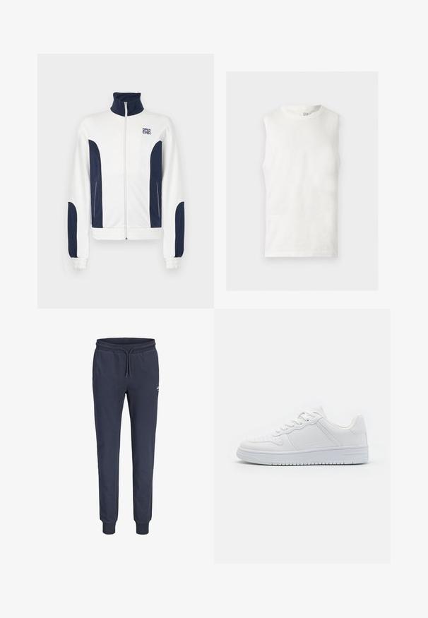 Witte zip-up jas met marineblauwe accenten aan de zijkanten en mouwen. Staande kraag, elastische manchetten en logo op de borst. Glad materiaal.; Wit mouwloos tanktop met een ronde hals en een klein GAP-logo aan de binnenkant van de achterkraag, plat gelegd op een lichte achtergrond.; Marineblauwe joggerbroek met elastische tailleband en trekkoord, geribbelde boorden en een klein wit logo op de bovenkant van de linkerdij.; Witte sneakers van glad synthetisch materiaal, met platte veters, geperforeerde neus en een rubberen zool met een gestructureerd grippatroon.