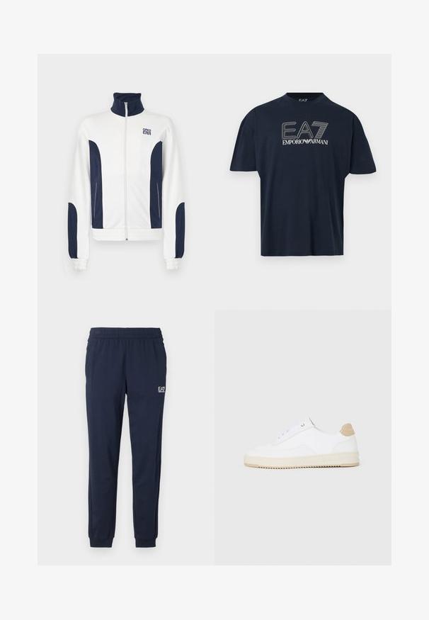 Witte zip-up jas met marineblauwe accenten aan de zijkanten en mouwen. Staande kraag, elastische manchetten en logo op de borst. Glad materiaal.; Donkerblauw T-shirt met korte mouwen en een wit EA7 Emporio Armani-logo centraal op de borst.; Marineblauwe sweatpants met een elastische tailleband en boorden. Voorzien van een klein wit logo op het linkerpant. Gemaakt van een zachte, rekbare stof.; Witte lage sneakers van textuurleer met een romige, ribbelige zool en een tankleurige hakaccent. Voorzien van witte veters en logodetail op de hak.