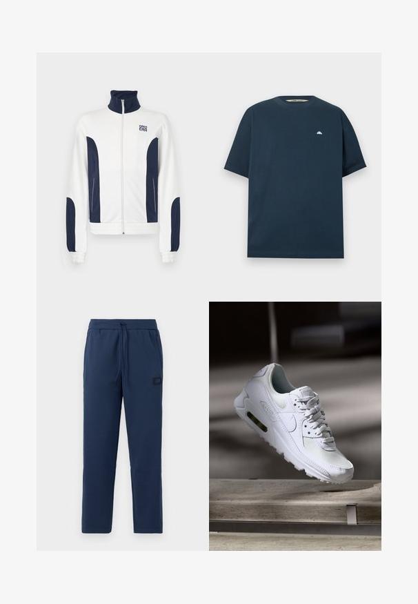 Witte zip-up jas met marineblauwe accenten aan de zijkanten en mouwen. Staande kraag, elastische manchetten en logo op de borst. Glad materiaal.; Marineblauw T-shirt met korte mouwen, ronde halslijn en een klein lichtblauw halvemaanlogo op de linkerborst.; Donkerblauwe joggingsbroek van een zachte katoenmix, met een elastische tailleband met trekkoord en een klein merkje op de heup.; Witte Nike Air Max 90 sneaker met een bovenwerk van mesh en leer, een geperforeerde teenbox en een zichtbare luchtunit in de hiel.