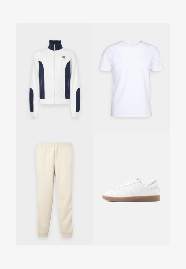 Witte zip-up jas met marineblauwe accenten aan de zijkanten en mouwen. Staande kraag, elastische manchetten en logo op de borst. Glad materiaal.; Witte katoenen t-shirt met korte mouwen en een ronde hals. Eenvoudig ontwerp zonder patronen of accenten. Glad textuur.; Lichtbeige sweatpants gemaakt van zachte stof met een taps toelopend ontwerp, elastische tailleband en boorden bij de enkels. Geen zichtbare patronen of accenten.; Witte lage sneaker met een zool van geschuurd rubber, gestikte overlays en een vetersluiting op een neutrale achtergrond.