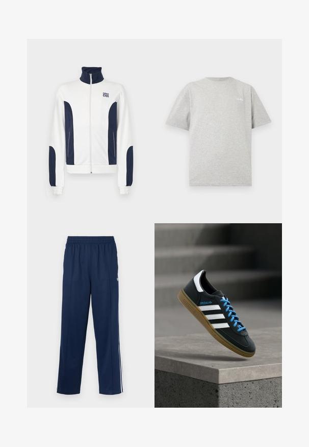 Hvid sweatshirt med lynlås og marineblå detaljer på siderne og ærmerne. Stå-hals, elastiske manchetter og logo på brystet. Glat stof.; Lysegrå crewneck t-shirt med korte ærmer og lille hvidt logo på øverste venstre bryst mod hvid baggrund.; Marineblå træningsbukser med en tekstureret finish, elastisk taljebånd og hvide sidelommer. Har en lige pasform og ingen lommer.; Sort Adidas sneaker med hvide striber, blå snørebånd og gummisål, der svæver over gråt betontrin i blødt lys.