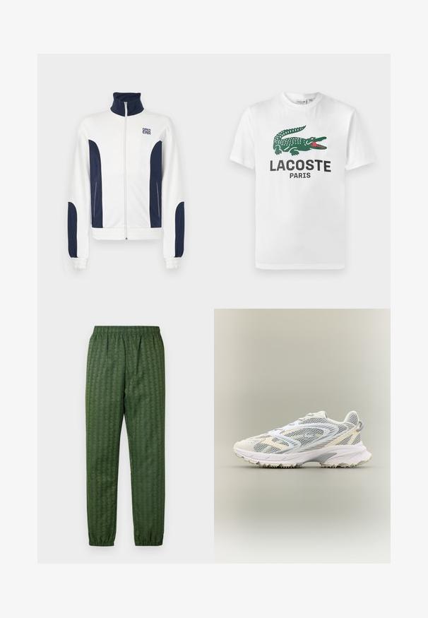 Witte zip-up jas met marineblauwe accenten aan de zijkanten en mouwen. Staande kraag, elastische manchetten en logo op de borst. Glad materiaal.; Lacoste T-shirt print - white; Groene sportbroeken met een elastische tailleband, taps toelopende benen en een geometrisch patroon. Gemaakt van lichtgewicht materiaal.; Witte sportschoen met grijze netpanelen, gestructureerde overlays, een gepolsterde kraag en een rubberen zool met kleine tractiespitten.