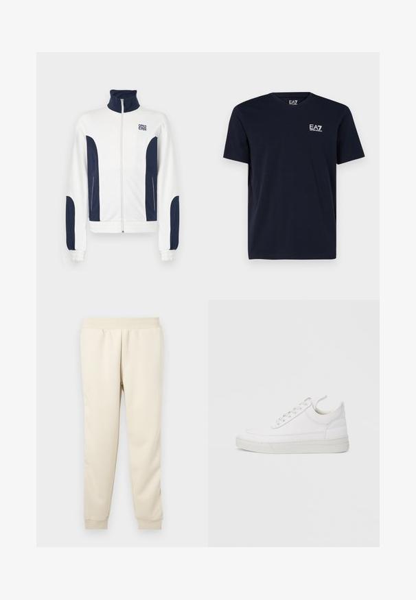 Veste zippée blanche avec des accents bleu marine sur les côtés et les manches. Col montant, poignets élastiques et logo sur la poitrine. Tissu lisse.; T-shirt noir à manches courtes et col rond avec petit logo blanc EA7 Emporio Armani sur la poitrine gauche.; Pantalons de survêtement beige clair fabriqués en tissu doux avec un design fuselé, une ceinture élastique et des poignets aux chevilles. Pas de motifs ou d'accents visibles.; Baskets en cuir blanc avec un embout arrondi, une semelle plate et un laçage à l'avant. Présentent des détails de couture et un col rembourré pour plus de confort.