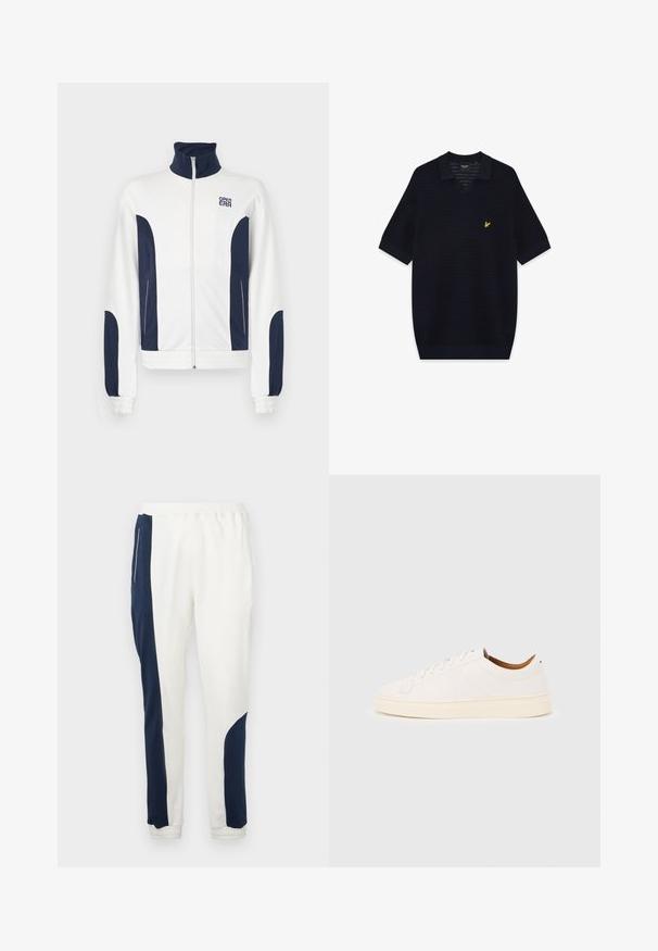 Weiße Zip-Jacke mit marineblauen Akzenten an den Seiten und Ärmeln. Stehkragen, elastische Bündchen und Logo auf der Brust. Glattes Material.; Schwarzes kurzärmliges Strick-Poloshirt mit einem strukturierten Muster und einem gelben Vogel-Logo, das auf der linken Brust aufgestickt ist.; Weiße Jogginghosen mit marineblauen Seiteneinsätzen und elastischen Bündchen, aus weichem Stoff mit glatter Textur und einem Kordelzugbund.; Weißer Sneaker mit niedrigem Schaft und Schnürdesign, minimalen Nähten und einer cremefarbenen Sohle auf hellgrauem Hintergrund.