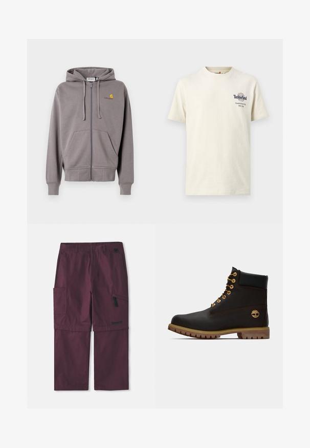 Haut de survêtement gris à zip, en tissu doux, avec une capuche à cordon, deux poches avant et un petit logo sur la poitrine gauche.; T-shirt à manches courtes et col rond de couleur blanc cassé avec petit logo Timberland et texte sur le côté gauche de la poitrine indiquant "Established 1973 NH, USA."; Pantalons cargo convertibles bordeaux avec poche zippée sur le côté et logo Timberland sur la jambe droite, avec entrejambe allongé montré.; Bottine noire en cuir avec œillets dorés, accents marron et semelle en caoutchouc. Comprend un col rembourré et un logo estampé sur le côté.