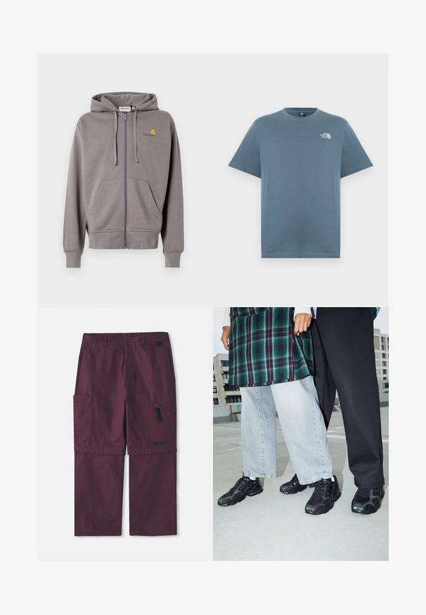Haut de survêtement gris à zip, en tissu doux, avec une capuche à cordon, deux poches avant et un petit logo sur la poitrine gauche.; T-shirt bleu à manches courtes et col rond avec petit logo blanc The North Face sur la poitrine gauche.; Pantalons cargo convertibles bordeaux avec poche zippée sur le côté et logo Timberland sur la jambe droite, avec entrejambe allongé montré.; Baskets de sport noires avec des accents en mesh et en caoutchouc. Portées avec un jean large gris clair et un haut à carreaux vert. Fond à surface plane.