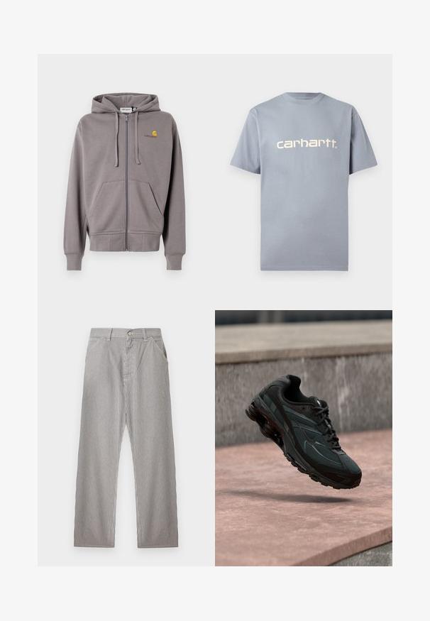 Haut de survêtement gris à zip, en tissu doux, avec une capuche à cordon, deux poches avant et un petit logo sur la poitrine gauche.; T-shirt bleu clair à manches courtes en coton, avec le logo "carhartt." de couleur claire contrastante sur la poitrine. Design simple.; Pantalon pour homme à rayures verticales noires et blanches fines, fermeture frontale par boutons, passants pour ceinture et poches latérales.; Baskets athlétiques noires avec une semelle intercalaire à coussin d’air visible flottant au-dessus d’une surface en pierre rose avec un mur en pierre gris en arrière-plan.