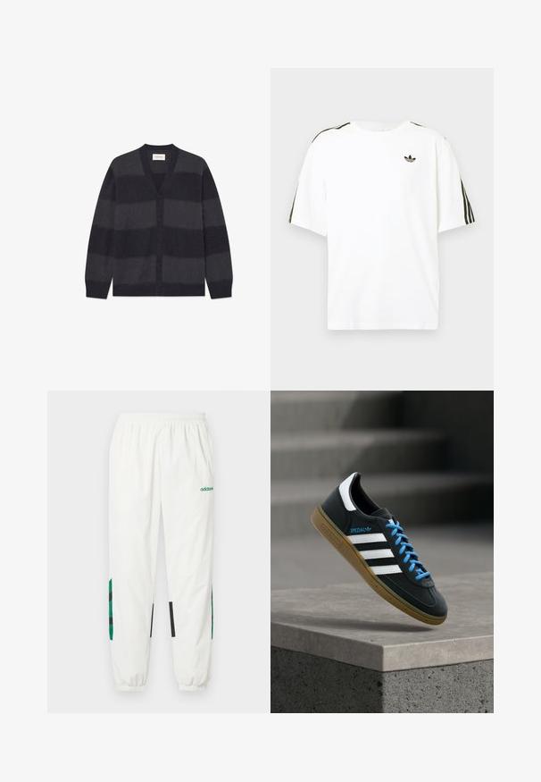 WOOD WOOD WWLEVI - Strickjacke - salute stripe; Weißes Baumwoll-T-Shirt mit kurzen Ärmeln, ausgestattet mit schwarzen drei Streifen-Akzenten an den Schultern und einem kleinen schwarzen Logo auf der Brust.; Weiße Sporthose aus leichtem Material, mit grünen und schwarzen Akzenten an den Seiten, einem elastischen Bund und Bündchen.; Schwarzer Adidas-Sneaker mit weißen Streifen, blauen Schnürsenkeln und Gummisohle, der über einer grauen Betontreppe im weichen Licht schwebt.