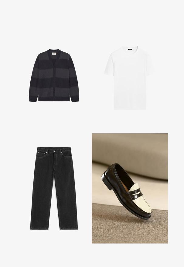 WOOD WOOD WWLEVI - Cardigan - salute stripe; Hvid bomulds t-shirt med rund hals, korte ærmer og lige skæring. Har en glat, let tekstur og ingen synlige mønstre.; Sorte jeans med lige ben, for- og baglommer, bæltestropper og en knaplukning i taljen.; Sort læderloafer med en cremefarvet vamp og sorte accentstriber, som har en lav hæl og detaljeret syning langs kanterne.