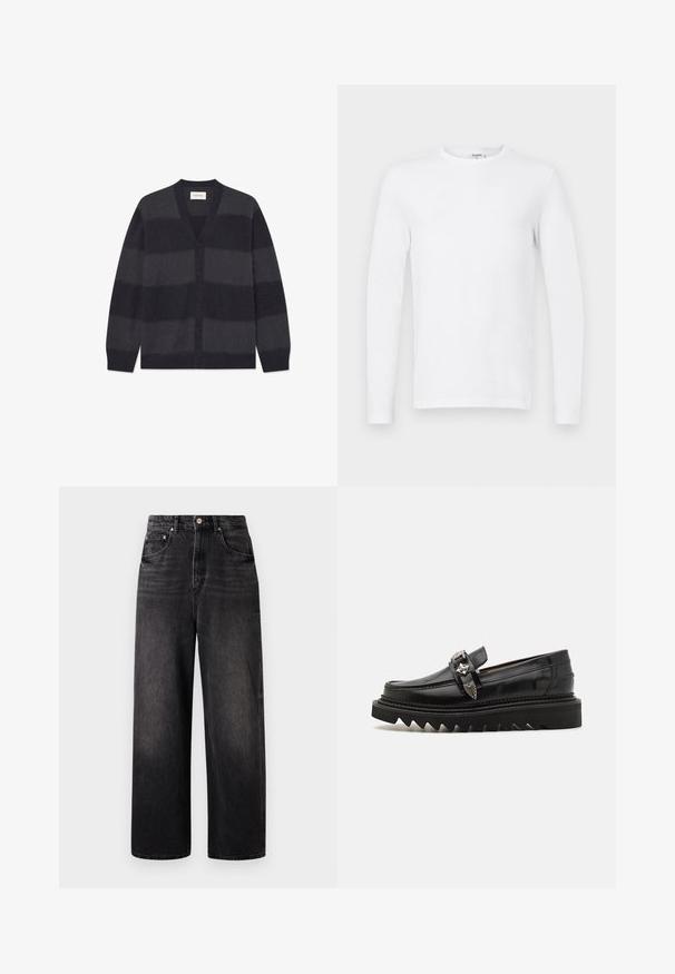 WOOD WOOD WWLEVI - Cardigan - salute stripe; Langærmet ensfarvet hvid crewneck skjorte vist på en flad, lysegrå baggrund.; Sorte denim jeans med løstsiddende pasform, høj talje, fem lommer og synlig knaplukning. Har diskret falmning og lige ben design.; Sorte læder loafers med sølv hardware detaljer, en forhøjet zigzag sål og et slankt, afrundet design; glat tekstur og blank finish.