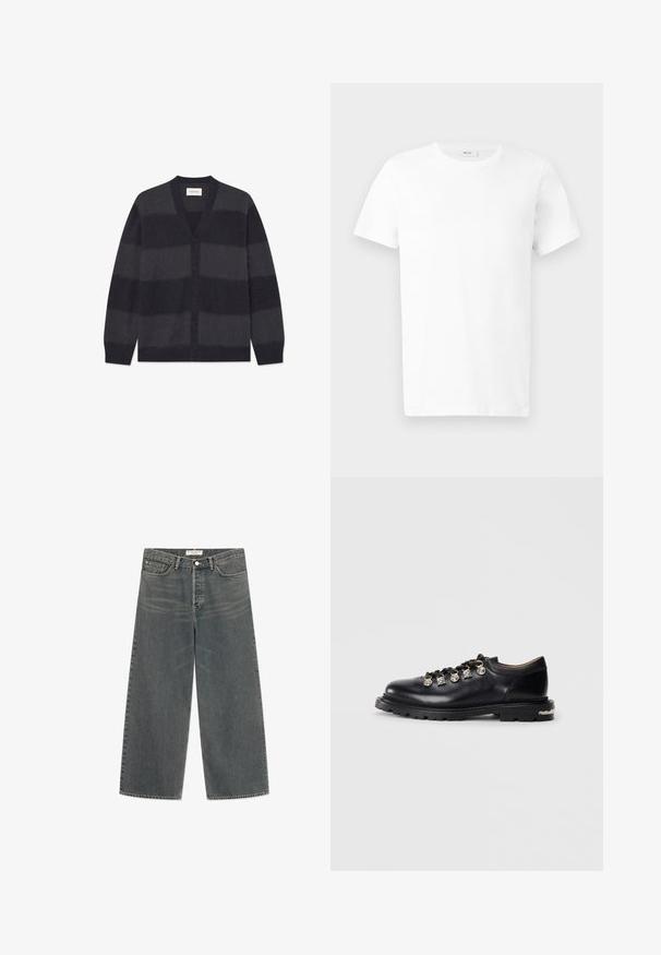 WOOD WOOD WWLEVI - Cardigan - salute stripe; Hvid kortærmet bomulds-T-shirt med rund hals, vist fladt på en lys grå baggrund.; Vide ben jeans i falmet gråt denim. Har høj talje, fem-lomme design og subtile teksturvariationer. Lukning foran med metal knap.; Sorte læder lavskårne sko med tyk sål, metaløjer, dekorative sølv charms på snørebåndene, og tekstureret mønster på sålen.