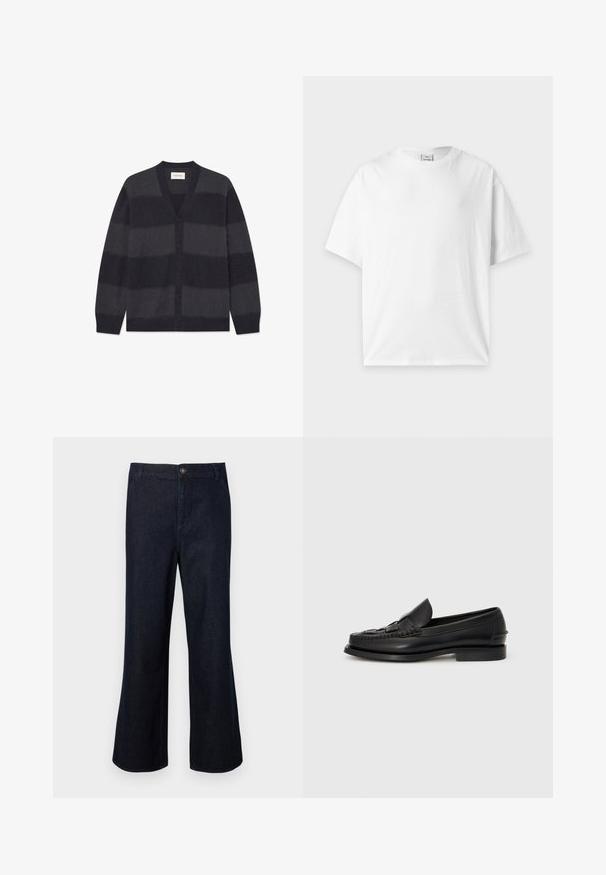WOOD WOOD WWLEVI - Cardigan - salute stripe; Almindelig hvid kortærmet t-shirt med rund hals lagt fladt på en lysegrå baggrund.; Mørkeblå denim flared bukser med en knaplukning i taljen, fem lommer og et klassisk snit. Stoffet har en glat overflade.; Sorte læderloafer med et vævet detaljer hen over fronten, rund tå og en lav hæl. Glat tekstur og minimalistisk design.