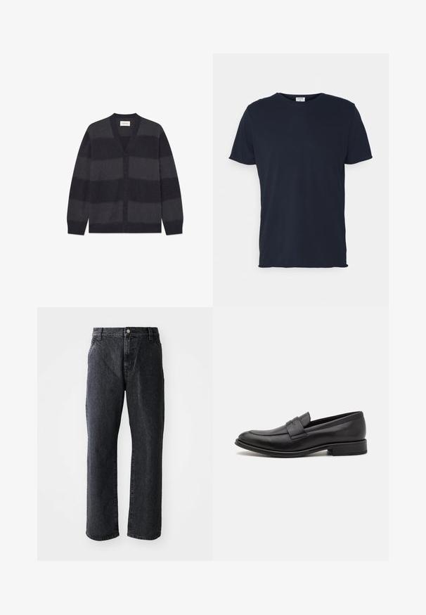 WOOD WOOD WWLEVI - Cardigan - salute stripe; Marineblå bomulds t-shirt med rund hals og korte ærmer, med en glat tekstur og enkel design, uden synlige mønstre eller accenter.; Sorte denim jeans med lige snit, med knaplukning, fem lommer og subtil tekstur. Klassisk design uden fremtrædende mønstre.; Sort læderloafer med en glat finish, en dekorativ rem over vristen, rund tå og en lav stablet hæl.