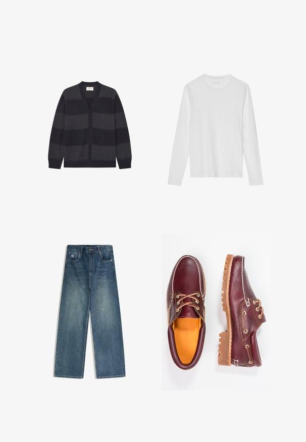 WOOD WOOD WWLEVI - Cardigan - salute stripe; Langærmet hvid T-shirt lavet af blød bomuld, med rund halsudskæring og en glat tekstur uden synlige mønstre eller accenter.; Blå vidde-bukser i denim med fem lommer, knaplukning og subtil falmen foran på lårene, vist fladt på hvid baggrund.; Bordeaux lædersko med brune gummisåler, rund tå, hvid syning og gyldne snøringer. Indersiden har et gult for.