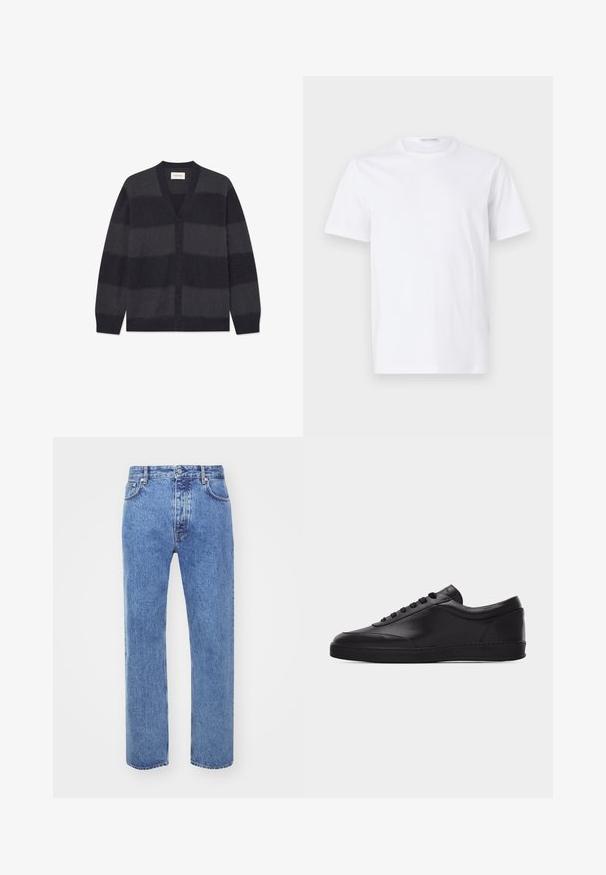 WOOD WOOD WWLEVI - Kardigan - salute stripe; Valge puuvillane T-särk ümarate krae ja lühikeste varrukatega. Sile tekstuur, sirge lõige ja minimalistik disain ilma mustrite või aksessuaarideta.; Won Hundred STEVE - Avar lõikega teksad - cut blue; Mustad madala säärega nahast toss, millel on ees nöörpaelad ja lame kummitald, nähtud küljelt tühjal valgel taustal.
