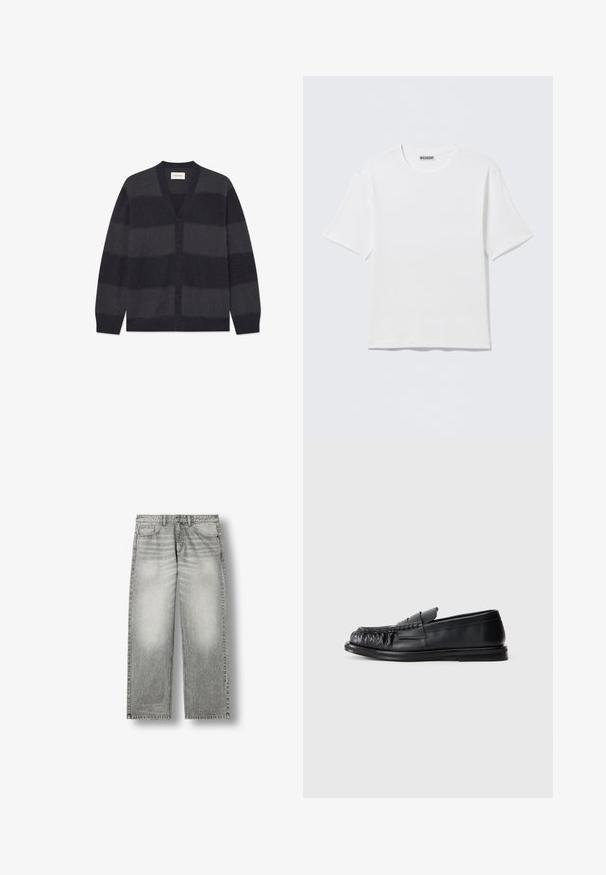 WOOD WOOD WWLEVI - Kardigán - salute stripe; Jednoduché biele tričko s krátkym rukávom a okrúhlym výstrihom, s malou nálepkou "WEEKDAY" na vnútornej zadnej časti goliera, položené na rovnej ploche.; Sivé vyblednuté rovné džínsové nohavice s prednými vreckami, pútkami na opasok a zapínaním na gombík na bielom pozadí.; Čierne kožené mokasíny s oblejší, zvrásnenou špičkou a plochou podrážkou na jednoduchom bielom pozadí.