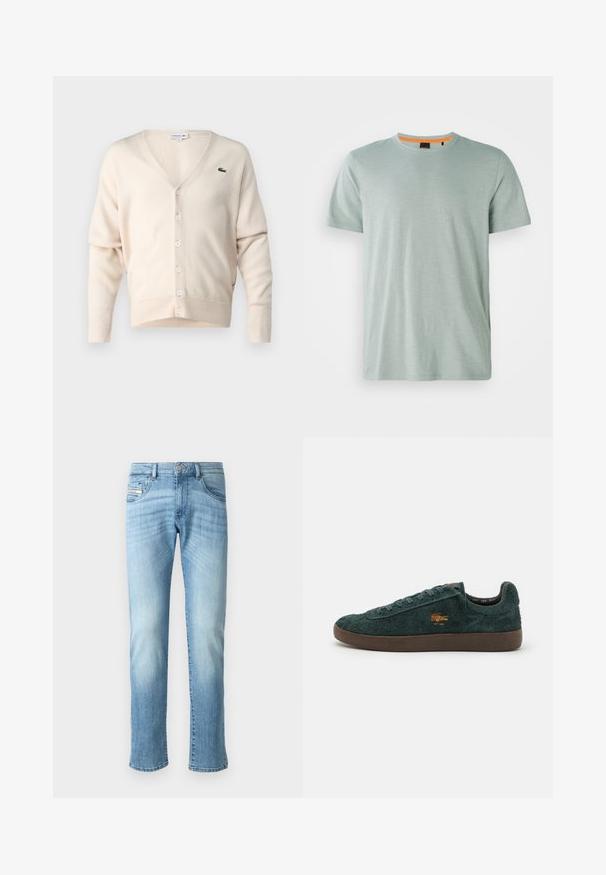 Cárdigan beige hecho de una tela suave, con escote en V, cierre de botones, mangas largas y un pequeño logo verde en el lado izquierdo del pecho.; Camiseta de manga corta verde claro, hecha de una tela suave. Presenta un cuello redondo y un pequeño logo sutil en el pecho.; Jeans rectos de color azul claro con detalles desgastados, botón frontal y diseño de cinco bolsillos sobre un fondo blanco liso.; Zapatillas de ante verde con un acabado texturizado, suela de goma marrón y un pequeño logo naranja en el costado. Diseño con cordones y estilo de corte bajo.