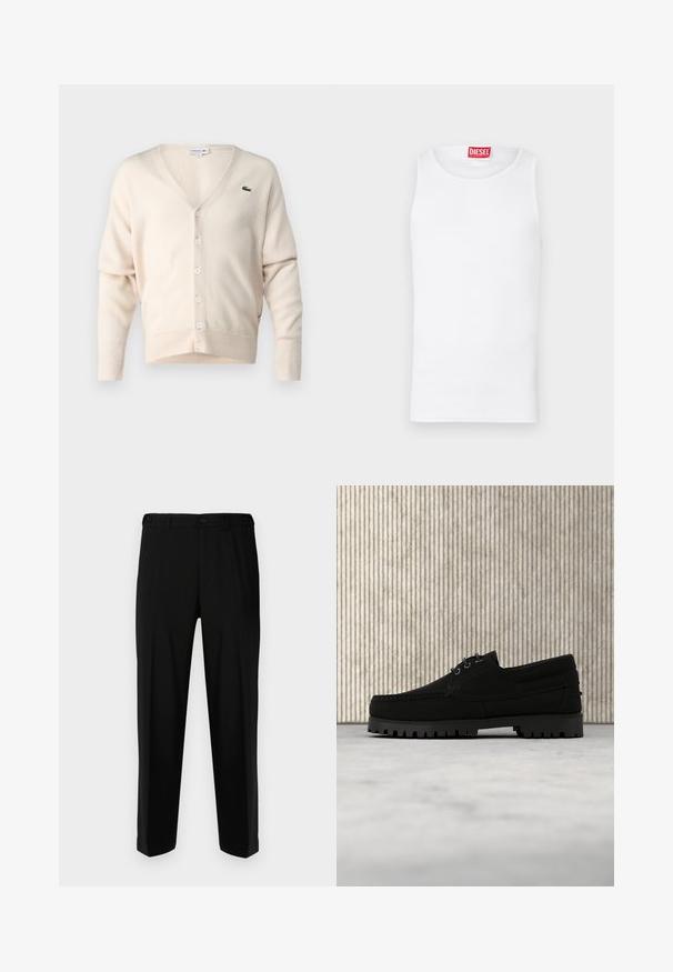 Cárdigan beige hecho de una tela suave, con escote en V, cierre de botones, mangas largas y un pequeño logo verde en el lado izquierdo del pecho.; Camiseta sin mangas de algodón suave. Presenta un escote redondo, un diseño sin mangas y un destacado logo rojo de la marca Diesel en el cuello.; Pantalones negros de tela suave, con corte recto, dos bolsillos frontales y cremallera con cierre de botón.; Zapato negro de cordones con suela gruesa y acanalada flotando sobre una alfombra beige, mesa redonda moderna de color marrón en un fondo de habitación con luz suave.