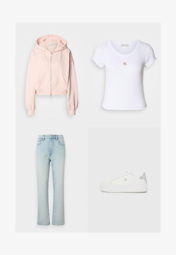 Gekürzter rosa Hoodie aus weichem Stoff, mit einem Frontreißverschluss, zwei Vordertaschen und einer Kapuze mit Kordelzug sowie gerafften Ärmeln.; Weißes, tailliertes T-Shirt aus geripptem Stoff, mit einem runden Halsauschnitt und kurzen Ärmeln. Ein kleines CK-Logo ist auf der Brust gestickt.; Hellblaue Jeans mit hoher Taille und geradem Bein, vorne mit Knopf, Gürtelschlaufen und klassischem Fünf-Taschen-Design auf einfarbigem Hintergrund.; Weiße Leinensneaker mit einer dicken weißen Sohle, die ein metallisch silbernes Detail an der Ferse und ein dezentes Logo auf der Seite aufweisen.