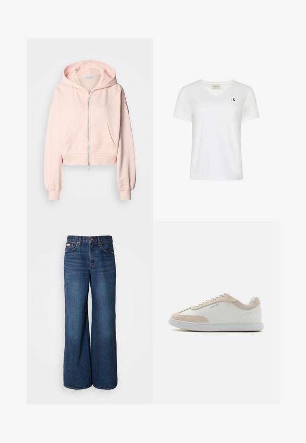 Gekürzter rosa Hoodie aus weichem Stoff, mit einem Frontreißverschluss, zwei Vordertaschen und einer Kapuze mit Kordelzug sowie gerafften Ärmeln.; Weißes Baumwoll-T-Shirt mit V-Ausschnitt, kurzen Ärmeln und kleinem dunklem Logo auf der linken Brustseite. Weiche Textur.; Weite Jeans aus dunkelblauem Denim. Merkmale sind eine hohe Taille, fünf Taschen und kontrastierender orangefarbener Stitching entlang der Nähte.; Weiße Ledersneaker mit beigen Wildleder-Akzenten und weißen Schnürsenkeln. Sie verfügen über eine runde Zehenform und eine gepolsterte Sohle für zusätzlichen Komfort.