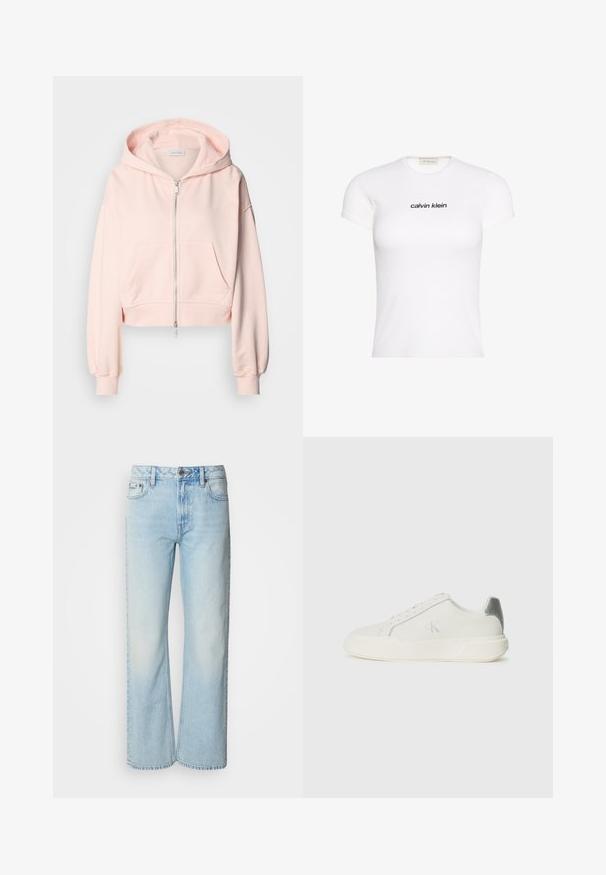 Gekürzter rosa Hoodie aus weichem Stoff, mit einem Frontreißverschluss, zwei Vordertaschen und einer Kapuze mit Kordelzug sowie gerafften Ärmeln.; Weißes figurbetontes Kurzarm-T-Shirt mit schwarzem „calvin klein“-Logo auf der Brust, mit rundem Halsausschnitt.; Helle blaue weit geschnittene Jeans aus Denim, mit einem klassischen Fünf-Taschen-Design und einer dezenten, gewaschenen Textur. Die Denim-Nähte sind sichtbar.; Weißer Sneaker aus Leder mit glatter Textur, ausgestattet mit einem silbernen Akzent an der Ferse, flacher Sohle und minimalistischem Design.