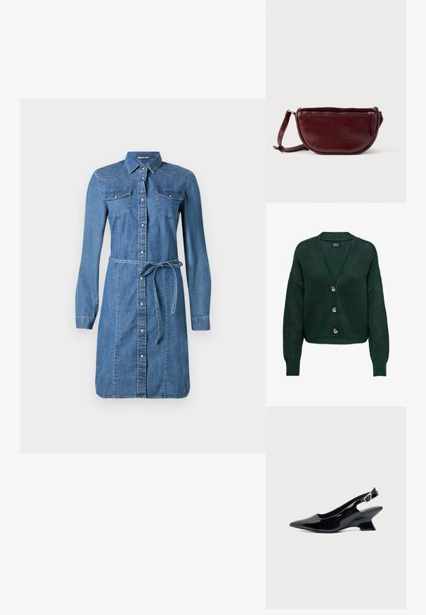 Cardigan en maille verte avec un col en V, des manches longues et trois boutons marron sur le devant. Motif texturé et ourlet côtelé.; Robe chemise en denim, bleu clair, manches longues, devant à boutons, deux poches poitrine, ceinture amovible, avec ourlet arrondi et accents de couture.; Chaussure slingback en cuir verni noir avec bout pointu et petit talon bloc incliné sur fond clair uni.; Sac à main en cuir marron foncé avec une forme en demi-lune, une fermeture éclair et une bandoulière amovible. Texture lisse avec un léger éclat.