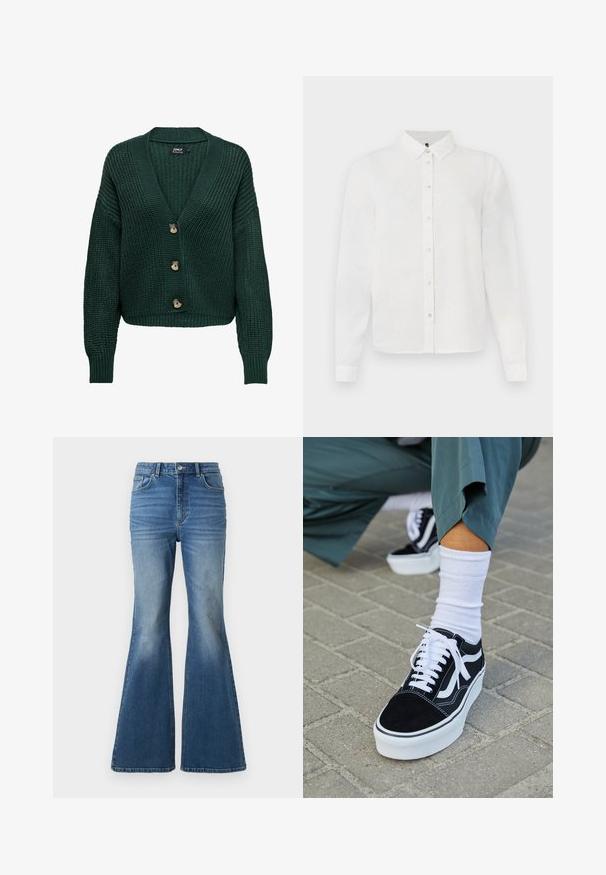 Cardigan en maille verte avec un col en V, des manches longues et trois boutons marron sur le devant. Motif texturé et ourlet côtelé.; Chemise blanche à manches longues avec un col, présentant un subtil motif texturé et une fermeture à boutons. Tissu lisse avec une belle finition.; Jean en denim bleu taille haute, évasés, avec un effet délavé, comportant deux poches avant, une fermeture à bouton, et des détails cousus sur les coutures.; Baskets en suède noir avec des accents et des lacets blancs, présentant une épaisse semelle blanche et des coutures contrastantes, associées à une chaussette blanche.