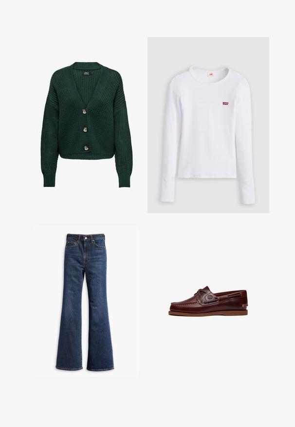 Cardigan en maille verte avec un col en V, des manches longues et trois boutons marron sur le devant. Motif texturé et ourlet côtelé.; Chemise Levi's blanche à manches longues avec col rond et petit logo rouge Levi's sur la poitrine gauche, présentée sur un fond uni.; Jeans en denim bleu foncé taille haute avec jambes évasées, fermeture à boutons et zip à l'avant, et conception à cinq poches.; Chaussure bateau en cuir marron avec lacets, détails de couture et logo Timberland sur le côté, présentée sur un fond blanc.