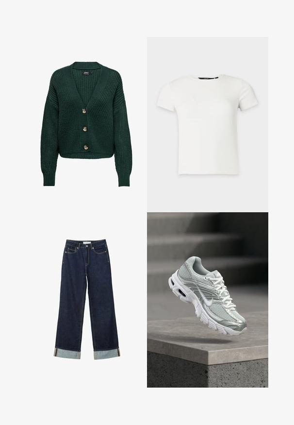 Cardigan en maille verte avec un col en V, des manches longues et trois boutons marron sur le devant. Motif texturé et ourlet côtelé.; T-shirt blanc à manches courtes en maille côtelée avec col rond, présenté sur un fond uni gris clair.; Jean large bleu foncé à taille haute, avec des ourlets roulés, des coutures contrastées et un design à cinq poches. Fabriqué en tissu en denim.; Chaussure de running Nike gris clair et blanc avec tissu en mesh et semelle épaisse flottant au-dessus d’un rebord en béton sur un fond d’escaliers floutés.