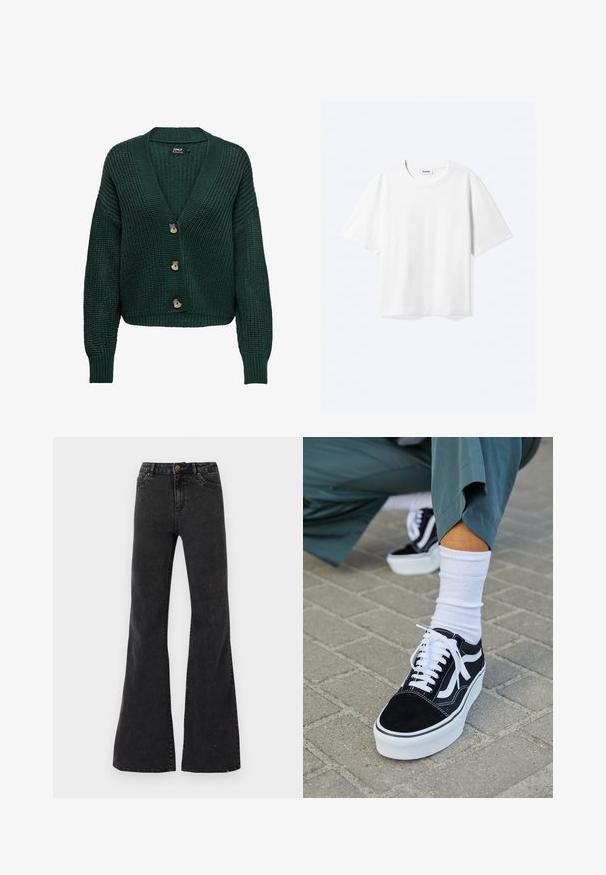 Cardigan en maille verte avec un col en V, des manches longues et trois boutons marron sur le devant. Motif texturé et ourlet côtelé.; T-shirt blanc à manches courtes avec col rond et ourlet droit, étiquette de marque "WEEKDAY" à l’intérieur de l’encolure.; Jean flare noir en denim, avec une taille haute, des poches avant et des coutures visibles. Texture lisse avec un léger éclat.; Baskets en suède noir avec des accents et des lacets blancs, présentant une épaisse semelle blanche et des coutures contrastantes, associées à une chaussette blanche.