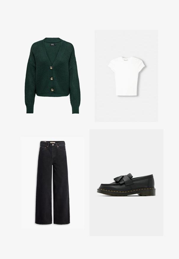 Cardigan en maille verte avec un col en V, des manches longues et trois boutons marron sur le devant. Motif texturé et ourlet côtelé.; T-shirt blanc à manches courtes en coton doux, avec un col rond et une coupe ajustée. Pas de motifs ni d'ornements visibles.; Jean noir à jambe large en denim, comportant cinq poches, des rivets en laiton et une fermeture à bouton classique. Texture lisse avec un design épuré.; Mocassins en cuir noir avec un bout rond, présentant un détail à franges et une bande décorative à l'avant, montés sur un talon épais.
