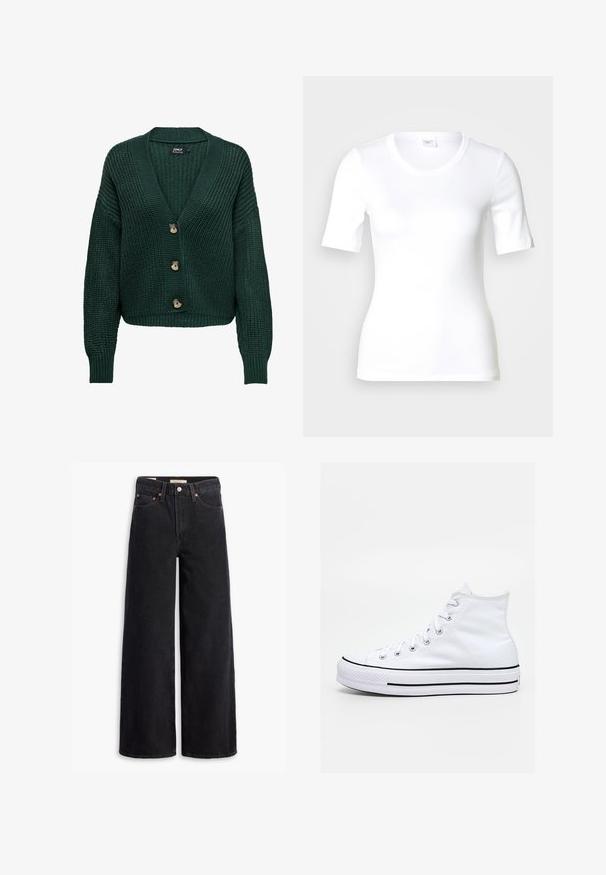 Cardigan en maille verte avec un col en V, des manches longues et trois boutons marron sur le devant. Motif texturé et ourlet côtelé.; T-shirt blanc à manches courtes en coton lisse, doté d'un col rond et d'une coupe ajustée. Design classique, sans motifs ni accents.; Jean noir à jambe large en denim, comportant cinq poches, des rivets en laiton et une fermeture à bouton classique. Texture lisse avec un design épuré.; Baskets montantes blanches avec une bande noire sur la semelle, lacets noués, semblant flotter au-dessus d'une surface en pierre et d'un fond avec un rebord.