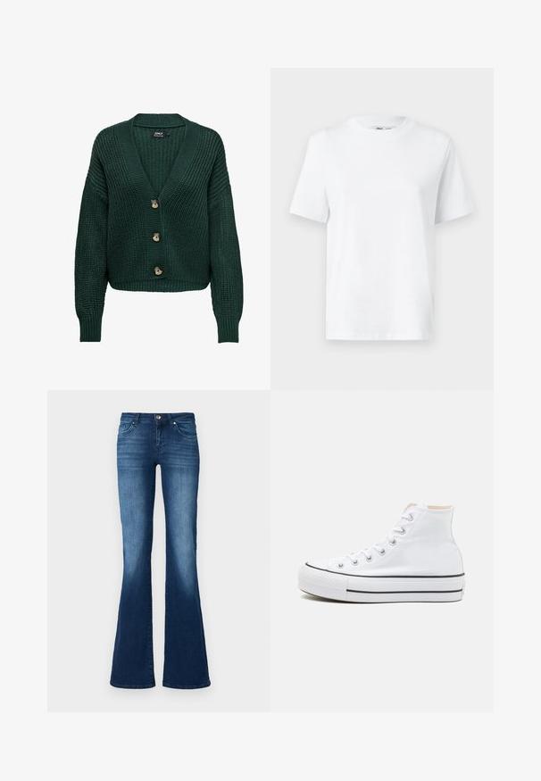 Cardigan en maille verte avec un col en V, des manches longues et trois boutons marron sur le devant. Motif texturé et ourlet côtelé.; T-shirt en coton blanc à col rond, avec des manches courtes et une texture lisse. Conçu avec une coupe décontractée pour plus de confort et de polyvalence.; ONLY Tall Flared fit ONLTIGER Low waist Wide Leg - Jean flare - dark blue denim; Baskets montantes blanches en toile, semelle en caoutchouc noir et bande noire contrastante sur la semelle intermédiaire. Bout rond et design à lacets.