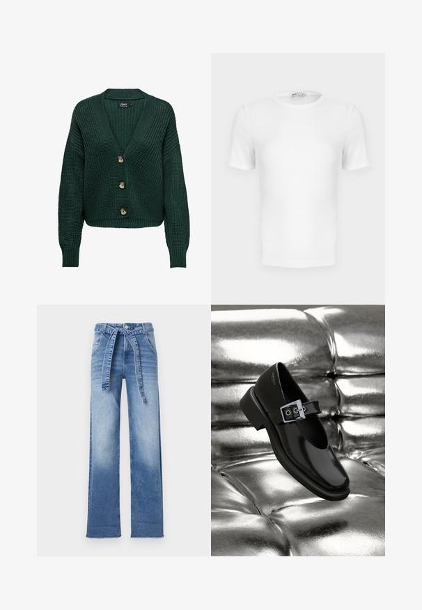 Cardigan en maille verte avec un col en V, des manches longues et trois boutons marron sur le devant. Motif texturé et ourlet côtelé.; T-shirt blanc à manches courtes, côtelé, col rond avec une coupe ajustée et une petite étiquette de marque à l'intérieur du col.; Pantalon taille haute en denim bleu clair avec une coupe large, doté d'une ceinture à nouer à la taille et d'un effet délavé.; Chaussure Mary Jane en cuir noir avec un bout carré, un accent de boucle en argent et un talon bas épais, sur un fond argenté brillant.
