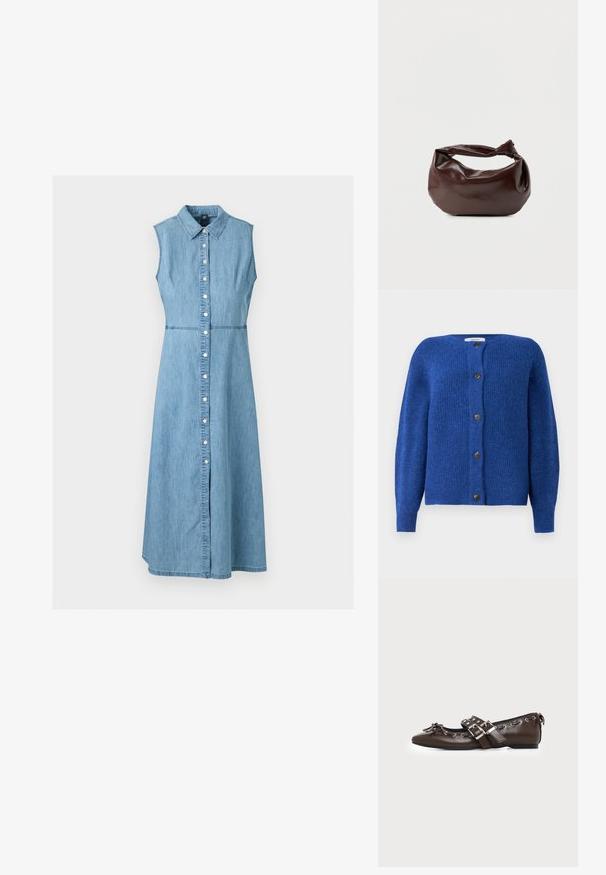 Blau gestrickte Strickjacke mit rundem Ausschnitt, langen Ärmeln und sechs schwarzen Knöpfen vorne. Texturiertes Gewebe mit weichem Finish.; Ärmelloses hellblaues Denim-Midikleid mit Kragen und Knopfleiste vorne, taillierter Taille und A-Linien-Rock.; Dunkelbrauner flacher Lederschuh mit spitzer Spitze, doppelten silbernen Schnallenriemen, Metallösen und dekorativer Schleife vorne.; Dunkelbraune Lederschultertasche mit weicher, lockerer Form und einem gedrehten Knotengriff vor schlichtem weißem Hintergrund.