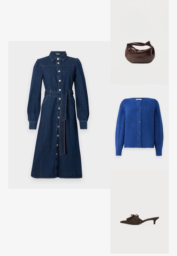 Blauwe gebreide cardigan met een ronde halslijn, lange mouwen en zes zwarte knopen aan de voorkant. Gestructureerde stof met een zachte afwerking.; Donkerblauwe denim jurk met lange mouwen, knoopsluiting aan de voorkant, kraag en een bijpassende riem in de taille; heeft subtiele stiksels en zakken.; Donkerbruine suède puntmuil met lage kittenhak, decoratieve tassels en kantdetail op een witte achtergrond.; Donkerbruine leren schoudertas met een zachte, slungelige vorm en een gedraaide knoopvormige handgreep op een effen witte achtergrond.